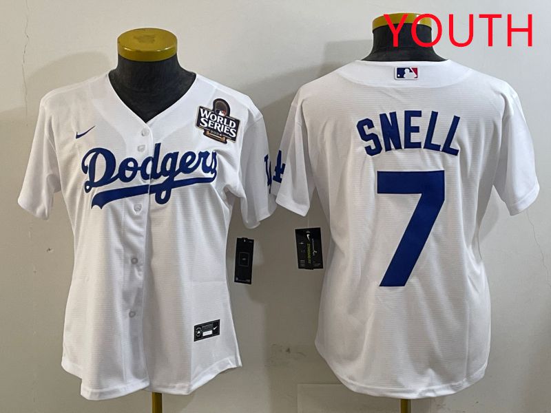 Youth Los Angeles Dodgers 7 Snell White Game 2025 Nike MLB Jersey style 3